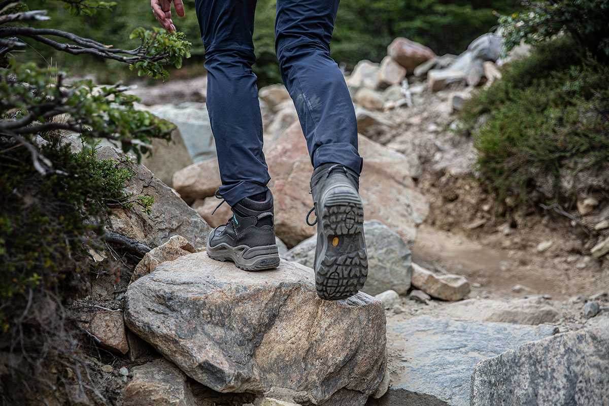 Lowa Renegade GTX Mid hiking boot (stepping on big rock)